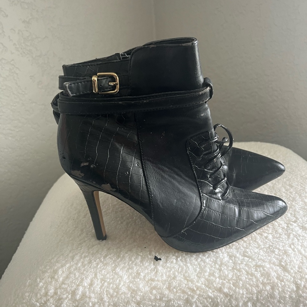 Black Pointed-Toe Lace-Up Ankle Boots with Buckle